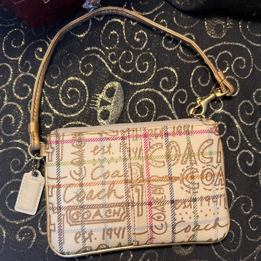 COACH Heritage Graffiti Cream & Gold Tattersall Coated Canvas Wristlet